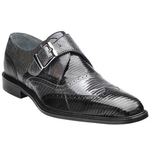 Belvedere "Pasta" Black / Grey Genuine Lizard Two Tone Shoes with Monk Strap 1490